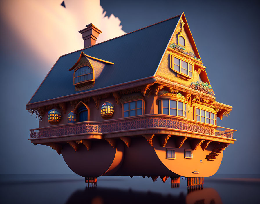 Intricately designed floating house with warm lighting and ornate woodwork