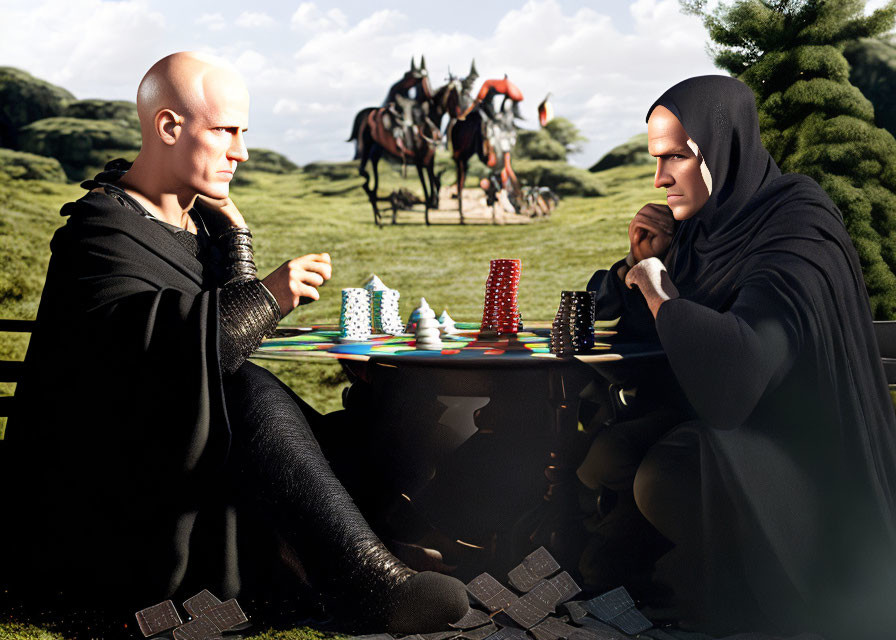 Two cloaked figures playing strategic board game outdoors