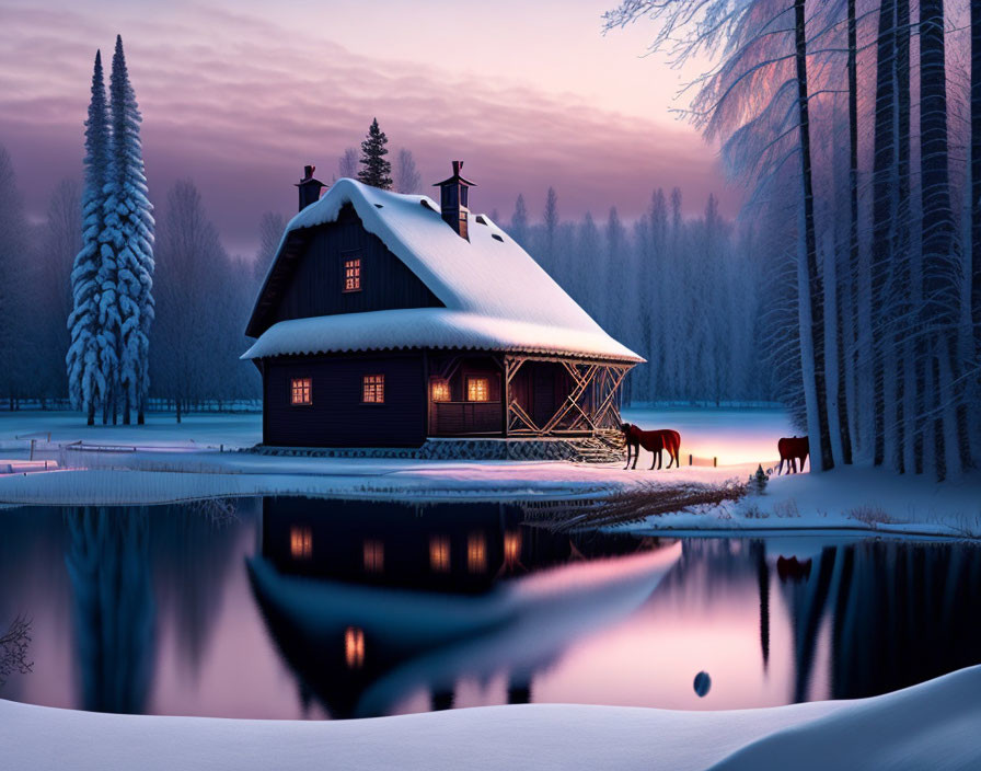 Snowy Winter Landscape: Cozy House, Lake, Horses, Twilight Sky