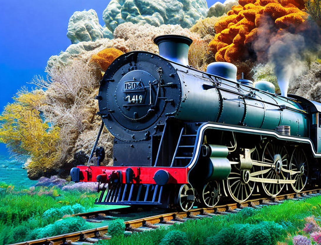 Vintage Black Steam Locomotive Numbered 7419 on Tracks with Coral Underwater Backdrop