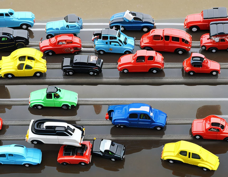 Rows of colorful toy cars on wooden surface