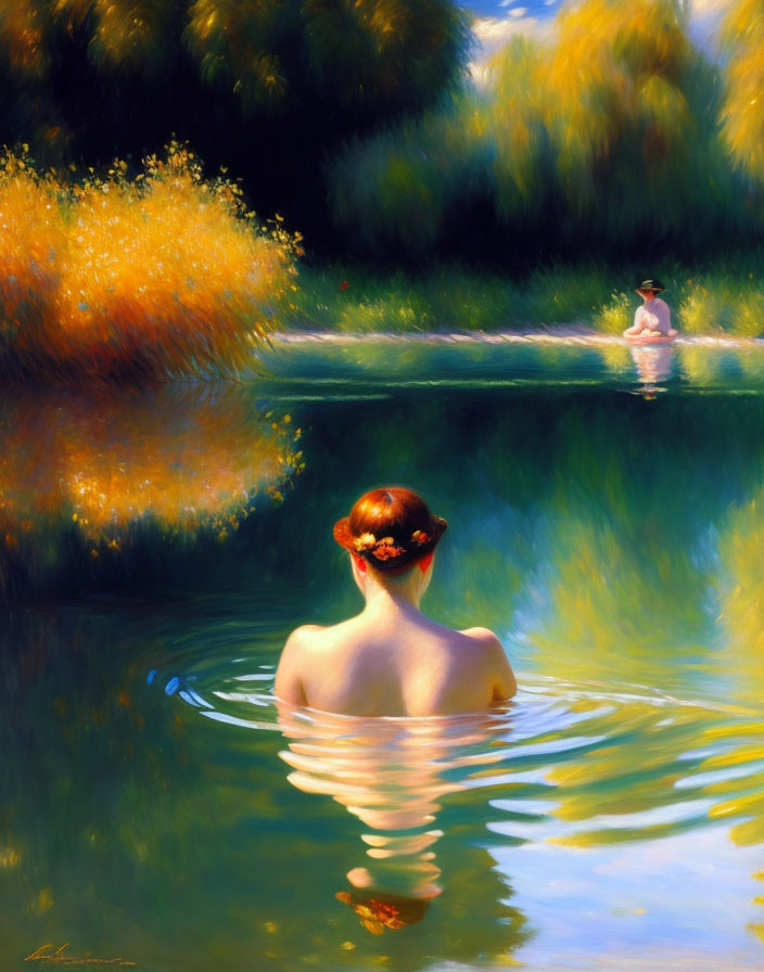 Red-haired person swimming in tranquil water with rowboat in lush greenery.