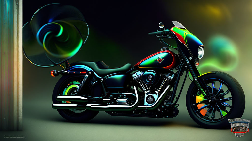 Vibrant Custom Motorcycle with Psychedelic Designs on Blurred Background