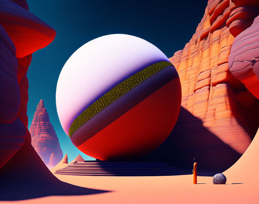 Person standing by surreal sphere in desert canyon with red rock formations