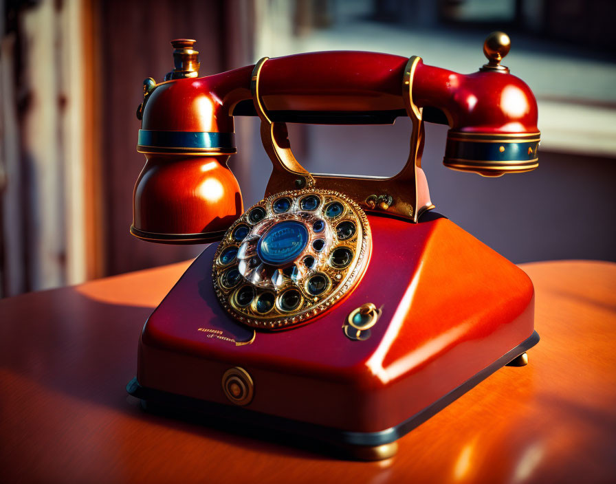 Classic Red Rotary Dial Telephone on Wooden Surface with Soft Lighting