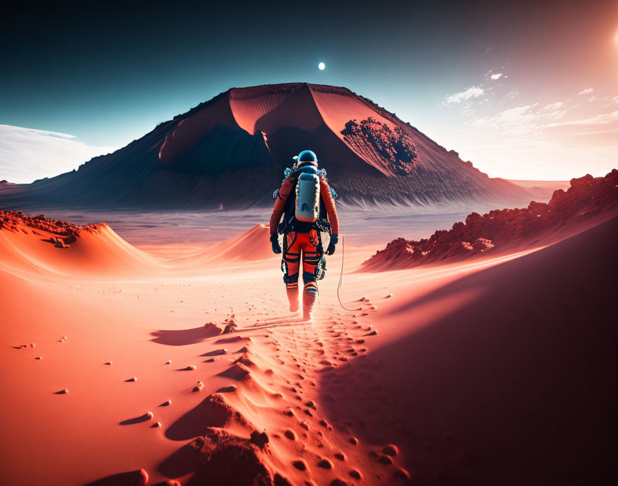 Astronaut walking on red desert planet at sunset with star in sky