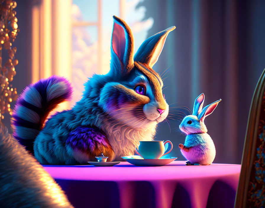 Large and small animated rabbits having tea time on pink table near warm-lit window