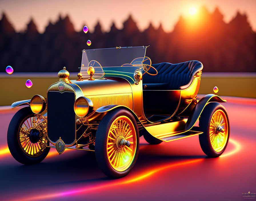 Digitally rendered vintage car with gold accents under sunset sky and colorful bubbles on reflective surface