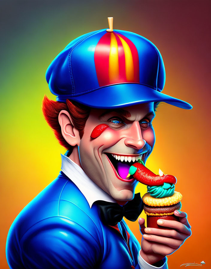 Colorful Smiling Man Caricature Eating Cupcake