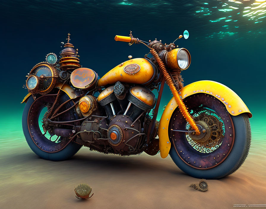 Colorful Steampunk Motorcycle with Gears on Sandy Surface