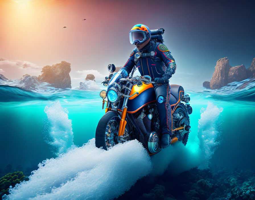 Futuristic diving suit rider on motorcycle transitions from underwater to sea surface at sunset