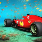 Formula 1 car underwater with fish, sea turtle, and coral reefs.