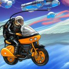 Astronauts on orange motorcycles in futuristic space scene