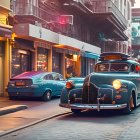 Classic cars on city street with shops and streetlights at dusk