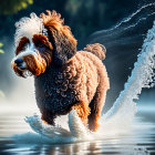 Curly-coated dog playing in sunlit water splashes