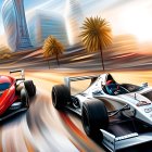 Urban Formula 1 race with high-speed cars in motion blur, set among skyscrapers and autumn