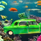 Whimsical underwater scene with vintage green taxi and fish driver amid vibrant coral