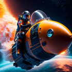 Futuristic astronaut on motorcycle-style spacecraft with Earth and solar flares.