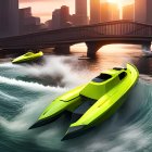 Futuristic yellow speedboats race in cityscape at sunset