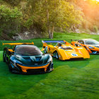 Three high-performance sports cars on grass beside a racetrack and lake with mountains under clear sky