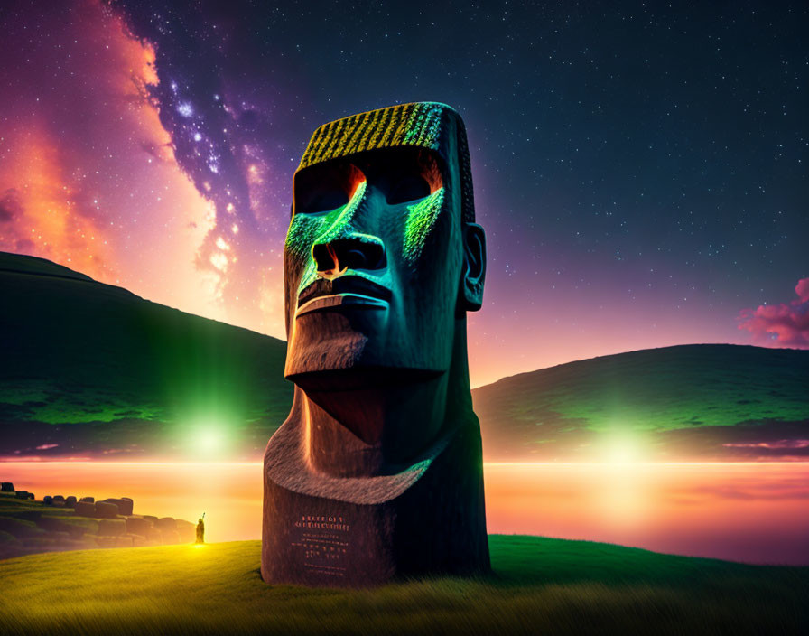 Colossal Easter Island head statue under starry night sky