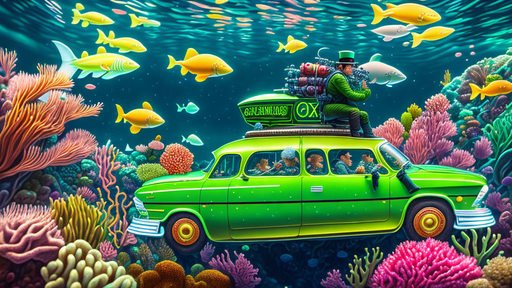 Whimsical underwater scene with vintage green taxi and fish driver amid vibrant coral