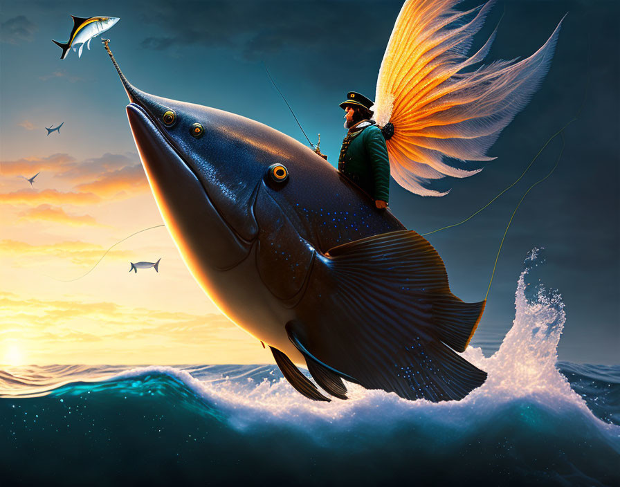 Fisherman riding giant fish with bird-like fins over ocean waves at sunset.