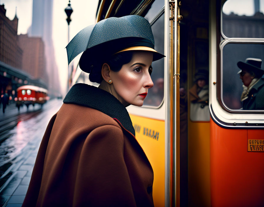 Vintage woman in coat and hat boarding classic train with period passengers.