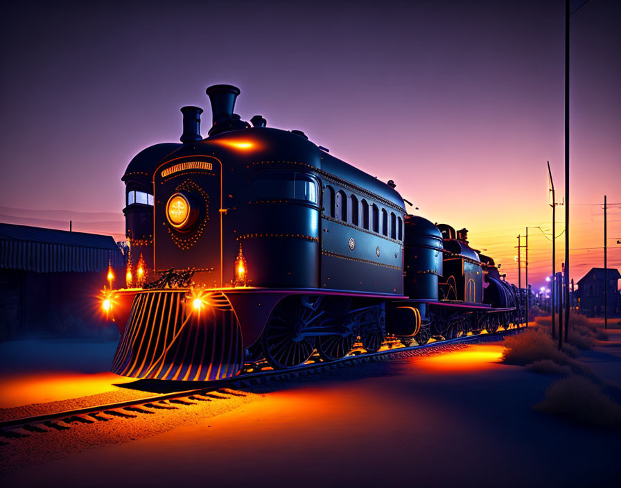 Vintage Train with Glowing Headlamp at Twilight