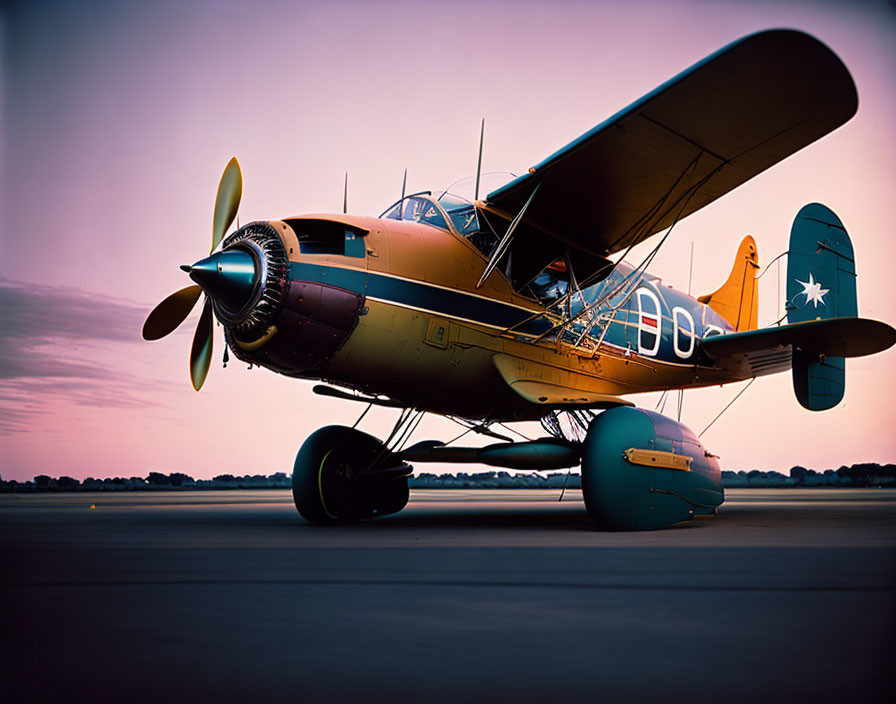 Vintage Military Aircraft with Spinning Propeller on Dusk Runway