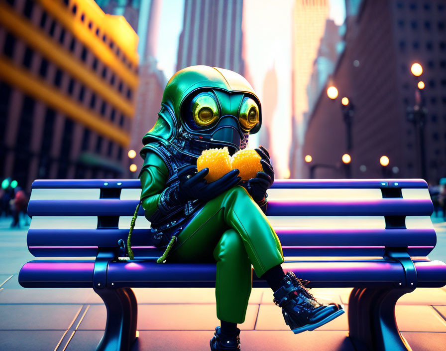 Futuristic character in green space suit with yellow object on city bench