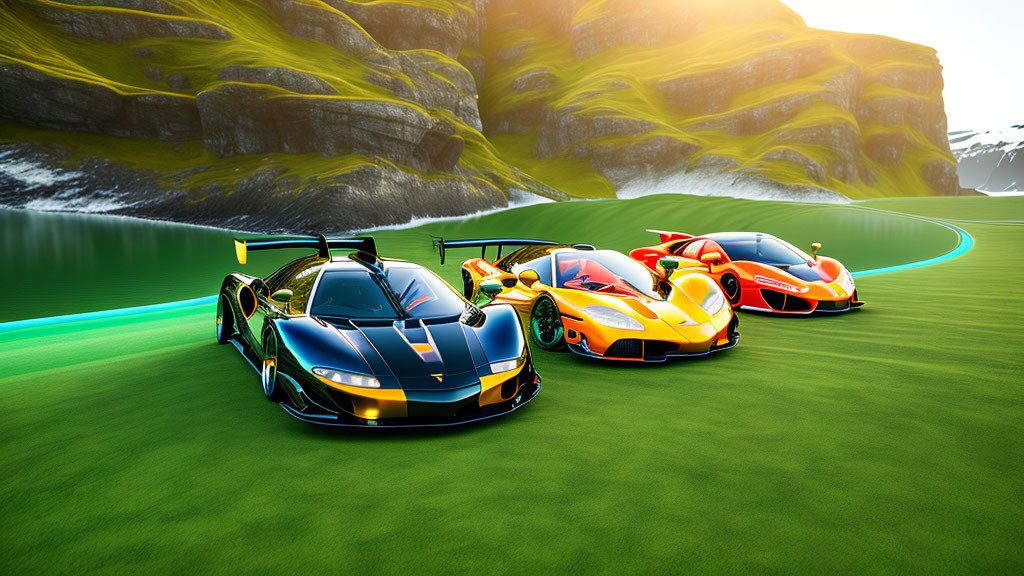 Three high-performance sports cars on grass beside a racetrack and lake with mountains under clear sky