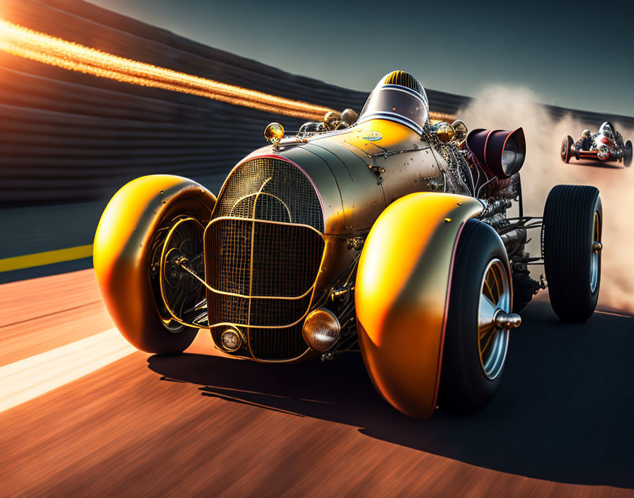 Vintage race cars speeding on track at sunset with warm light and motion blur.