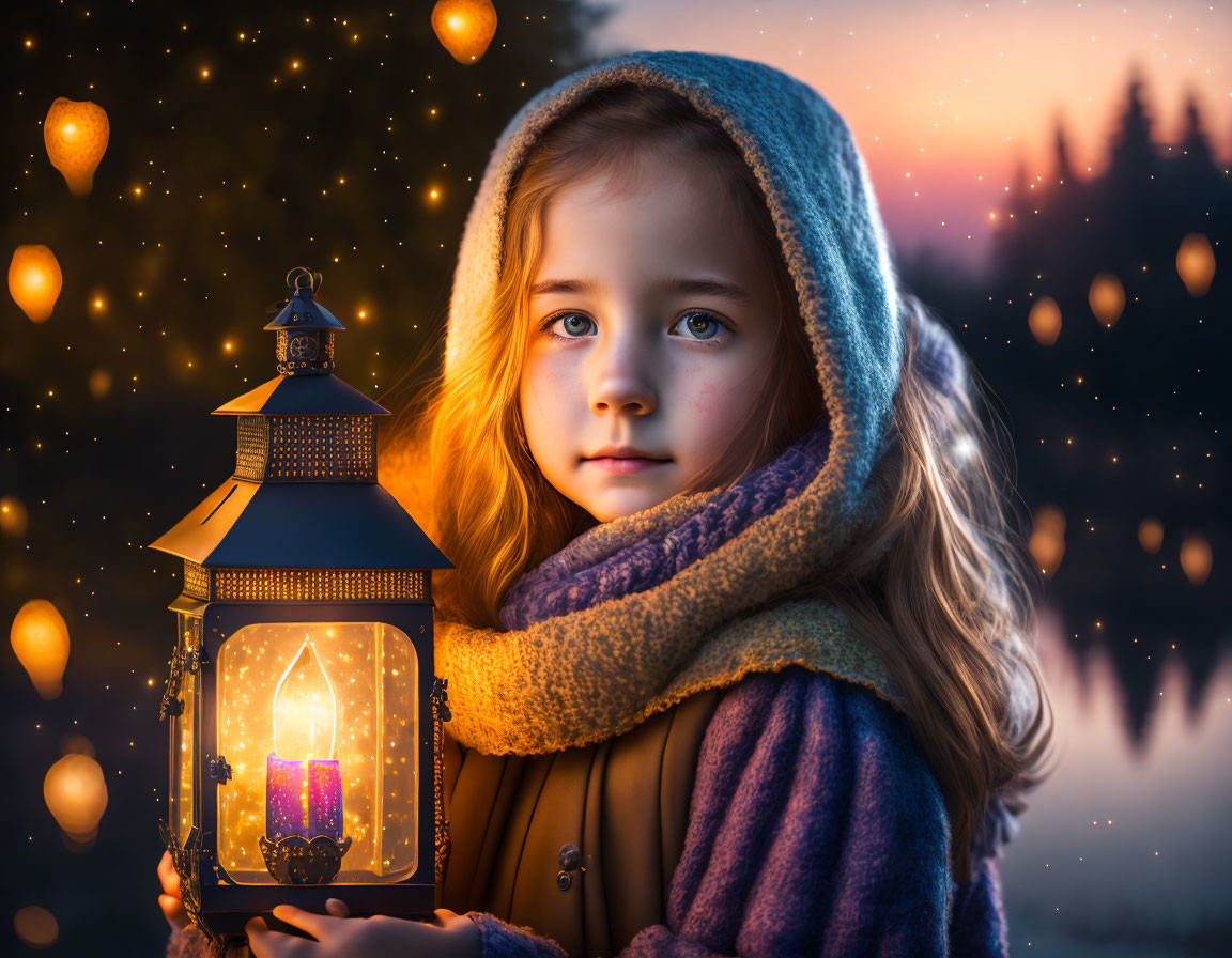 Serene young girl in indigo hooded garment holding glowing lantern at twilight