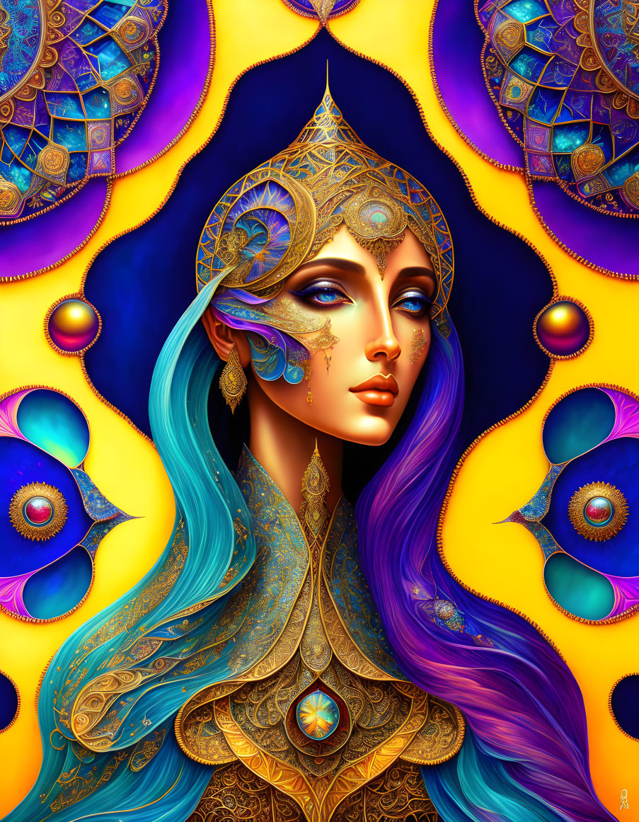 Colorful illustration of woman with gold headdress and blue hair on intricate blue and gold backdrop