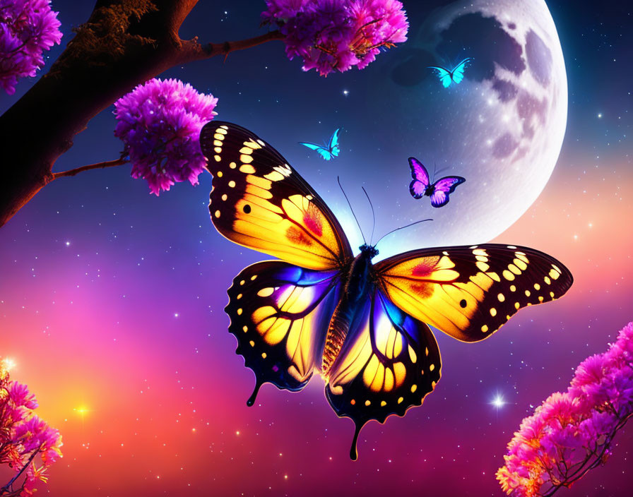 Large butterfly surrounded by smaller ones in twilight sky with full moon and pink trees