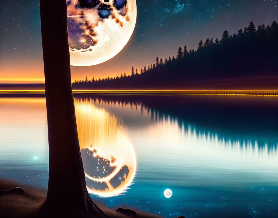 Detailed moon over serene lake with forest silhouette at night