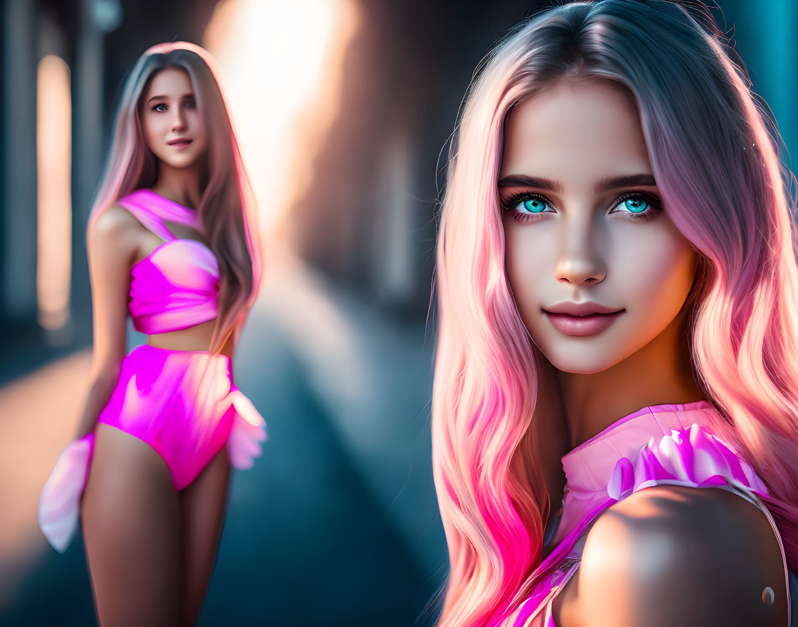 Digital art: Woman with blue eyes and pink hair in urban setting