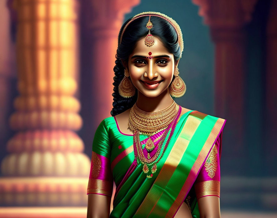 Traditional Indian Attire: Smiling Woman with Elaborate Jewelry and Ornate Pillars