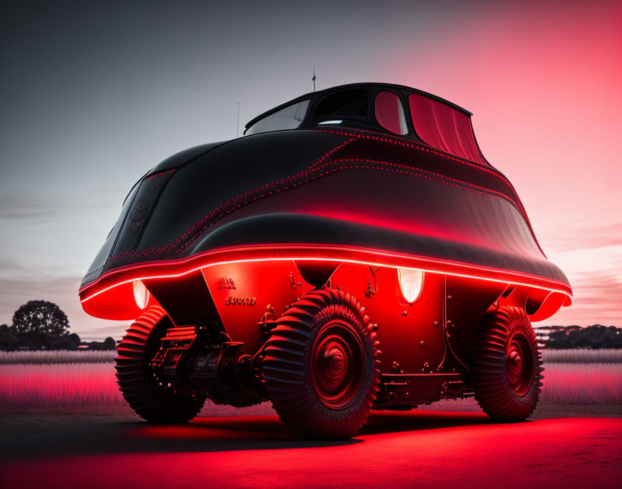 Futuristic black vehicle with red undercarriage and off-road tires in dramatic sunset scene