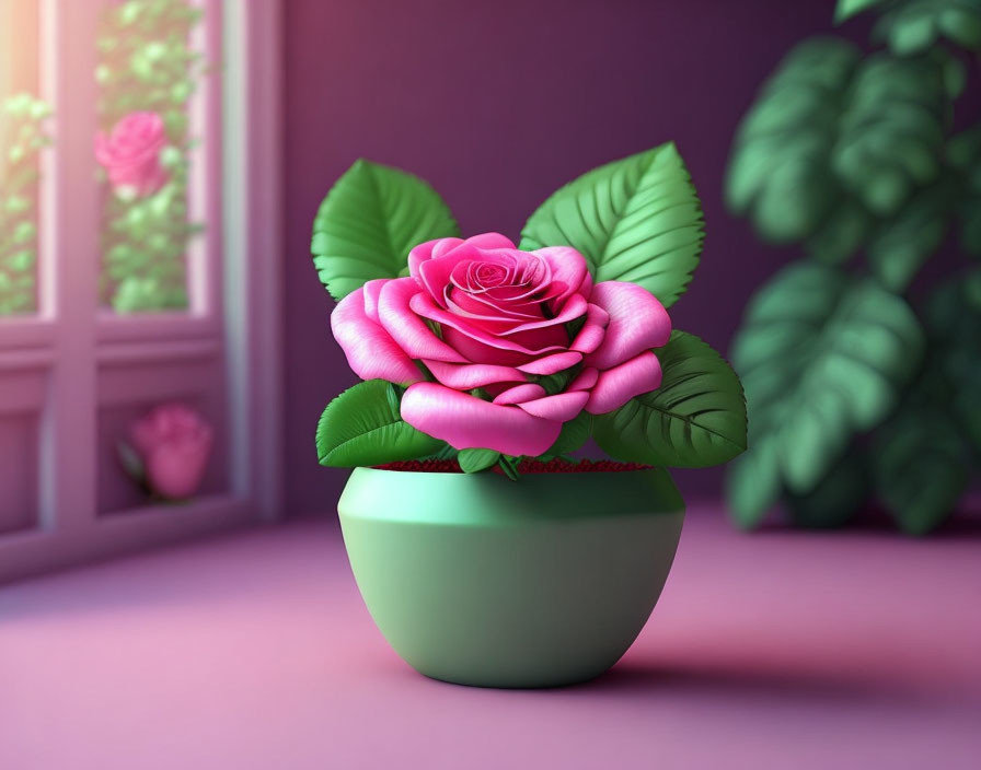 Pink rose in green pot against purple backdrop with window view of greenery