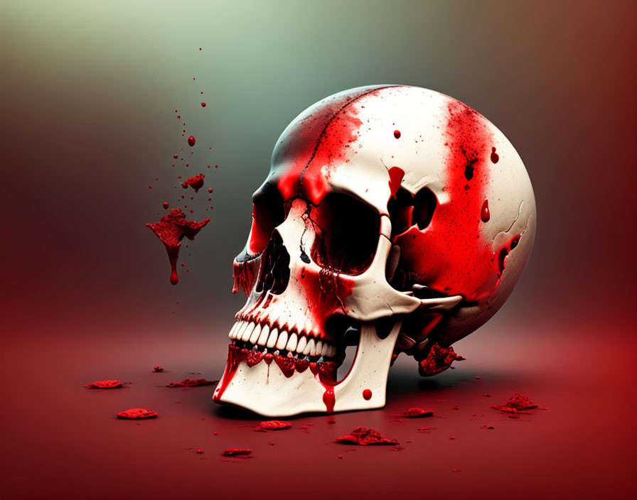 Human skull with splattered red liquid on red and black gradient background