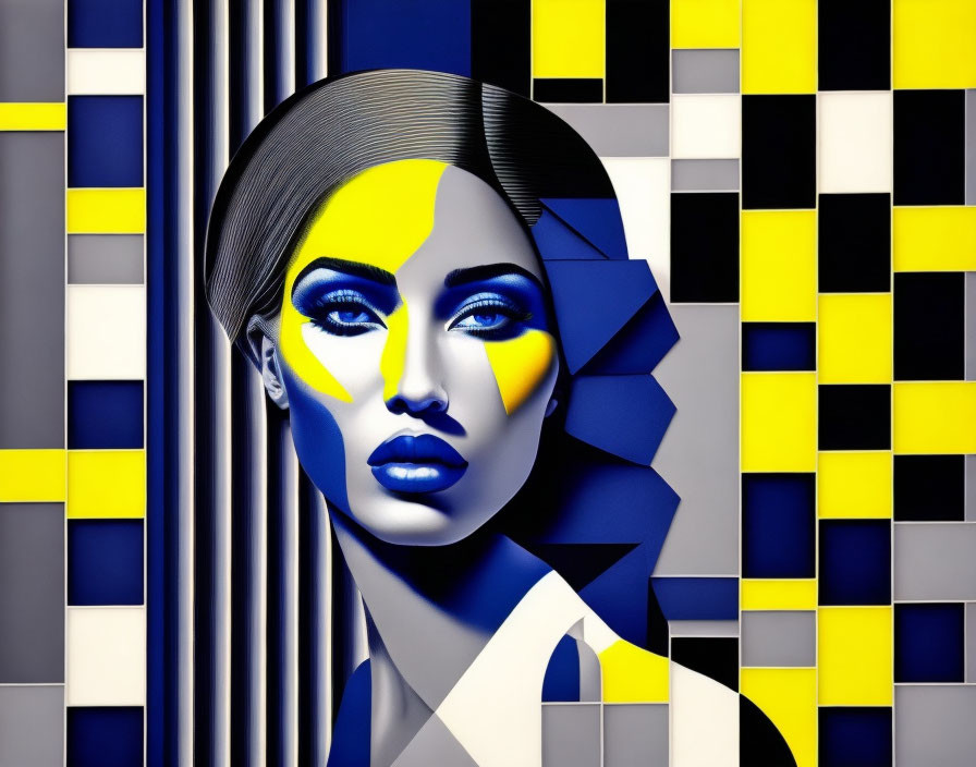 Abstract digital artwork: Woman's face with geometric patterns in blue, yellow, black, and white colors