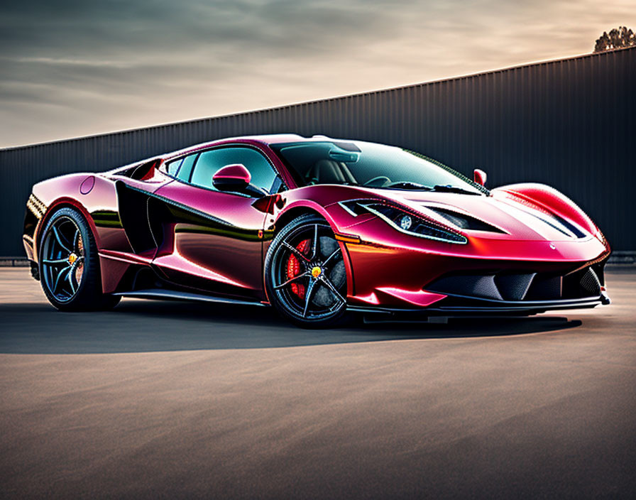 Red Sports Car with Aerodynamic Design and Motion Blur Effect at Sunset