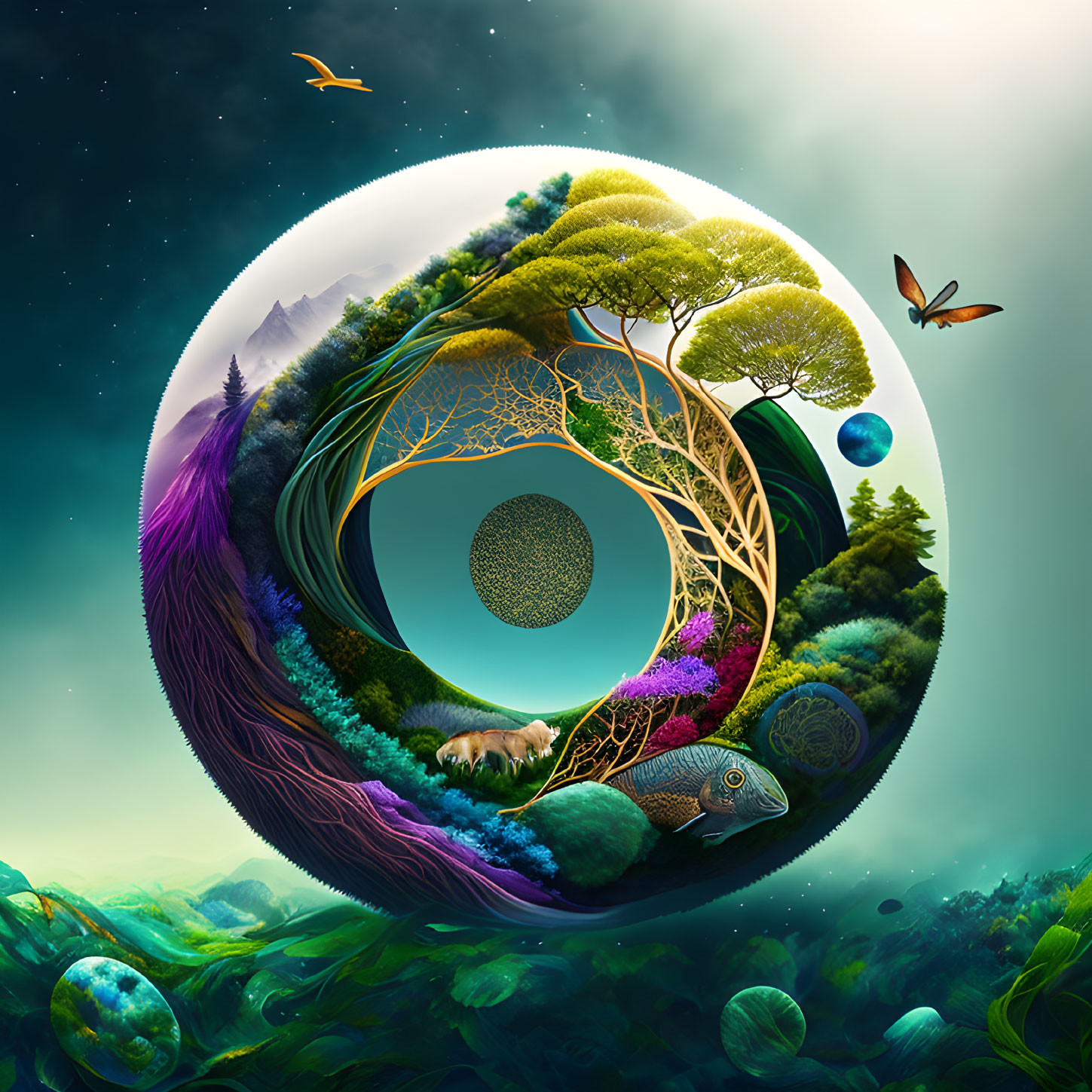 Circular ecosystem with trees, waterfall, animals, and celestial bodies in starry sky.