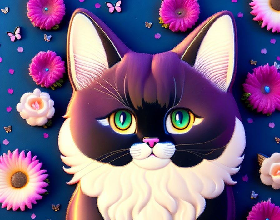 Stylized cat with green eyes in floral digital art