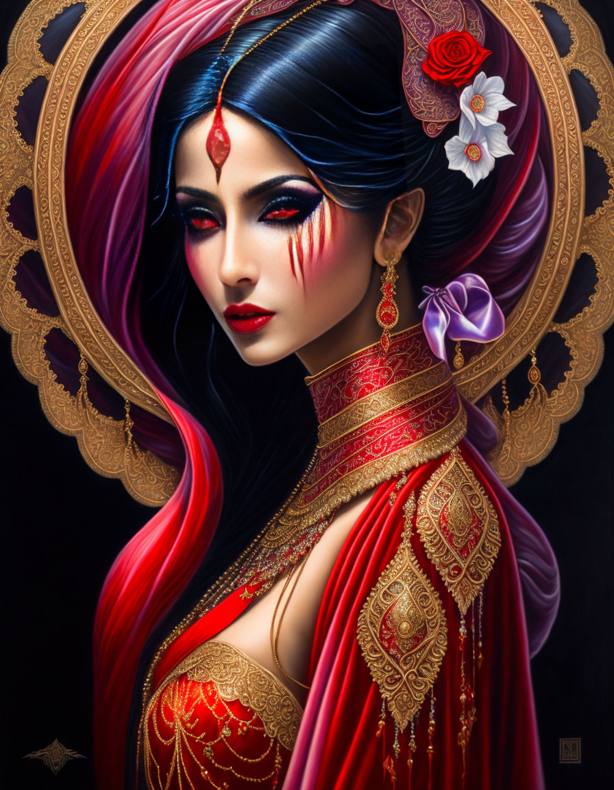 Illustration of woman with red and purple hair in ornate attire and striking makeup with flower and circular