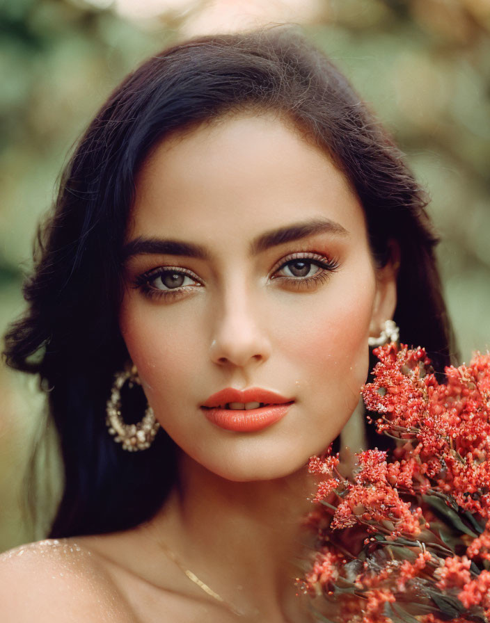 Woman with Striking Green Eyes and Dark Hair Holding Red Flowers