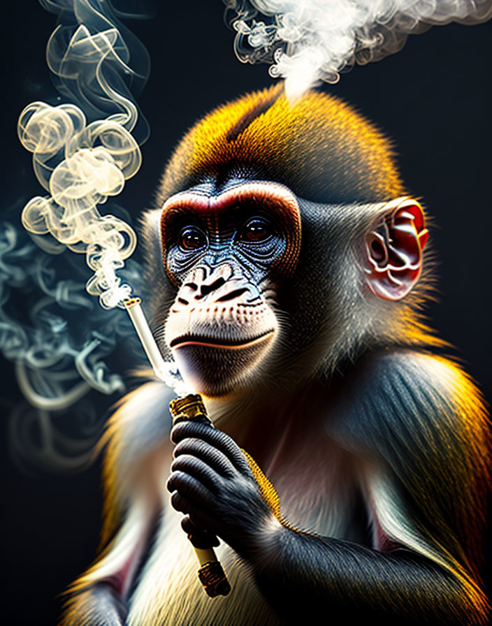 Colorful Monkey Holding Lit Cigarette on Dark Background