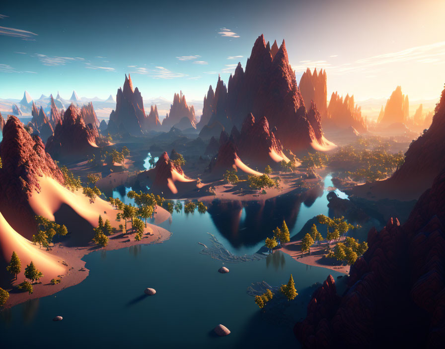 Tranquil digital landscape with rock formations, lake, pine trees, and sunset